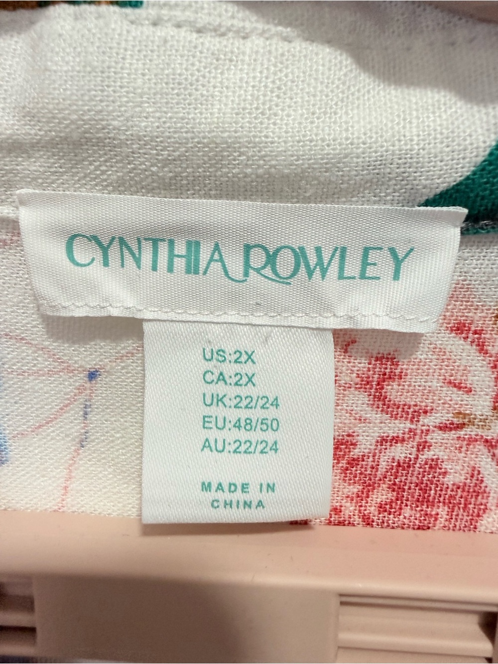 Cynthia Rowley 100% linen Button-Front Shirt Red, Blue & Green Floral Border 2X - Picture 2 of 11